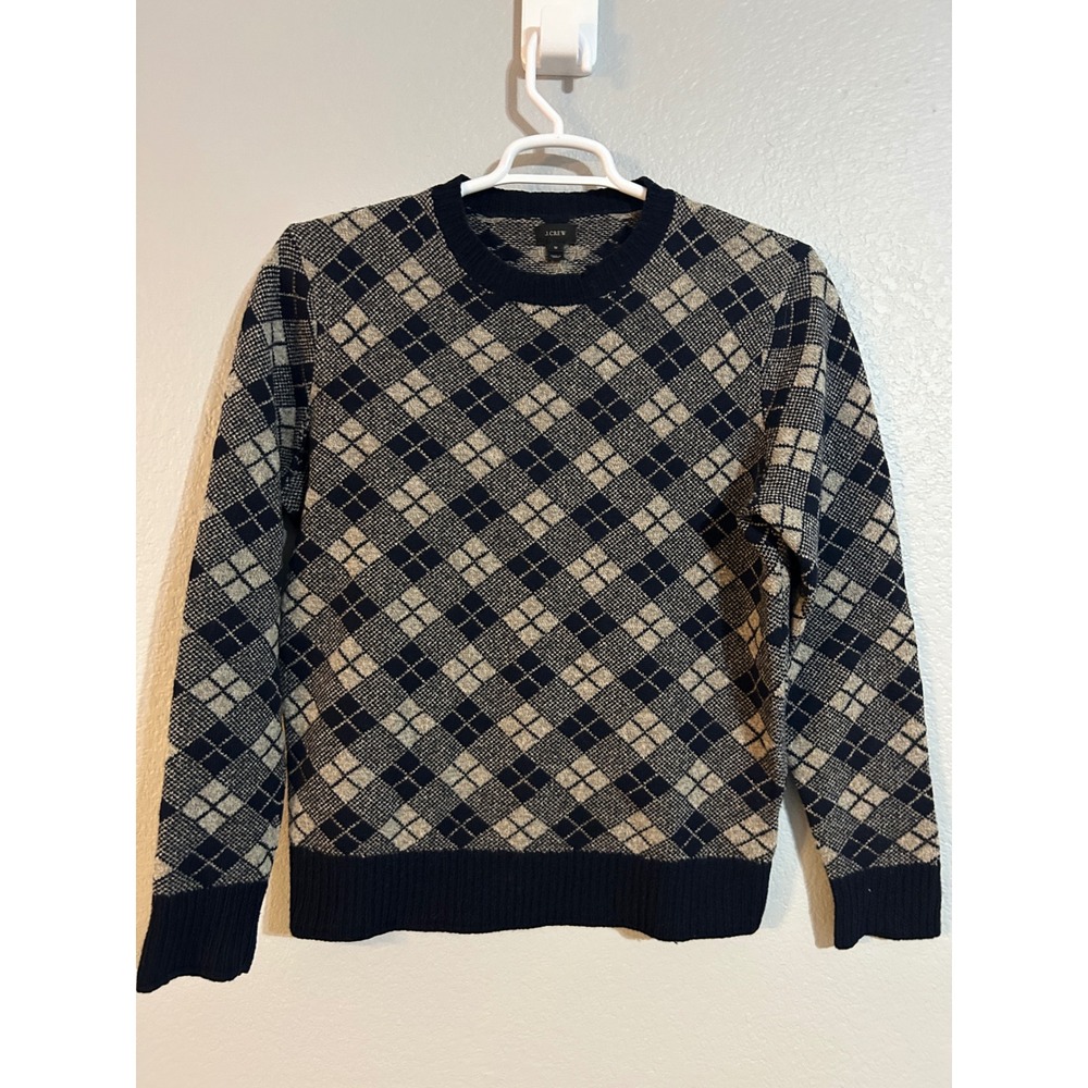 J.Crew Mens Lambswool Argyle Sweater Navy Blue Tan‎ Crewneck Knit Size M